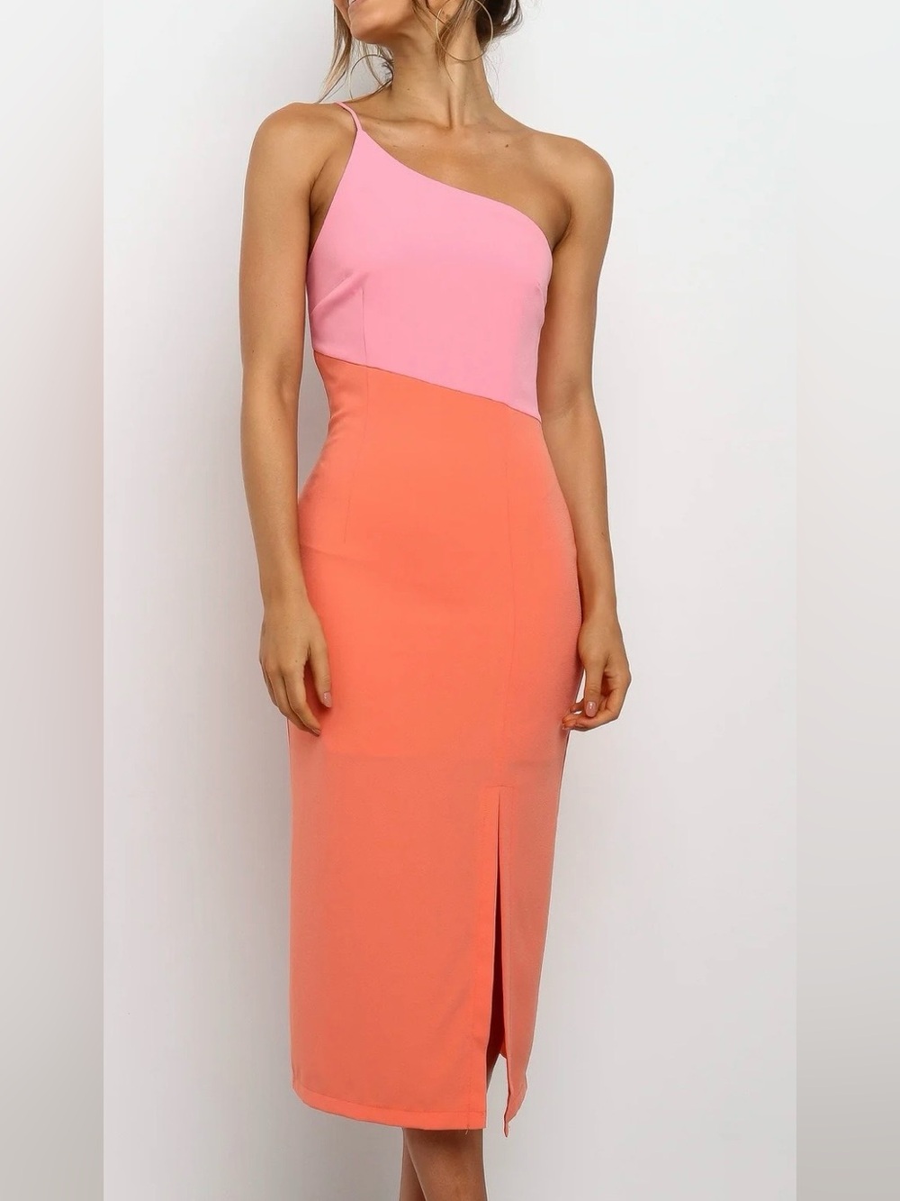 Petal + Pup Xiomar  Pink and Orange One-Shoulder Fitted Midi Dress Size 2